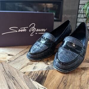 1990's Sesto Meucci Nattie Woven Navy Leather Loafers, Florence Italy, Women's 9